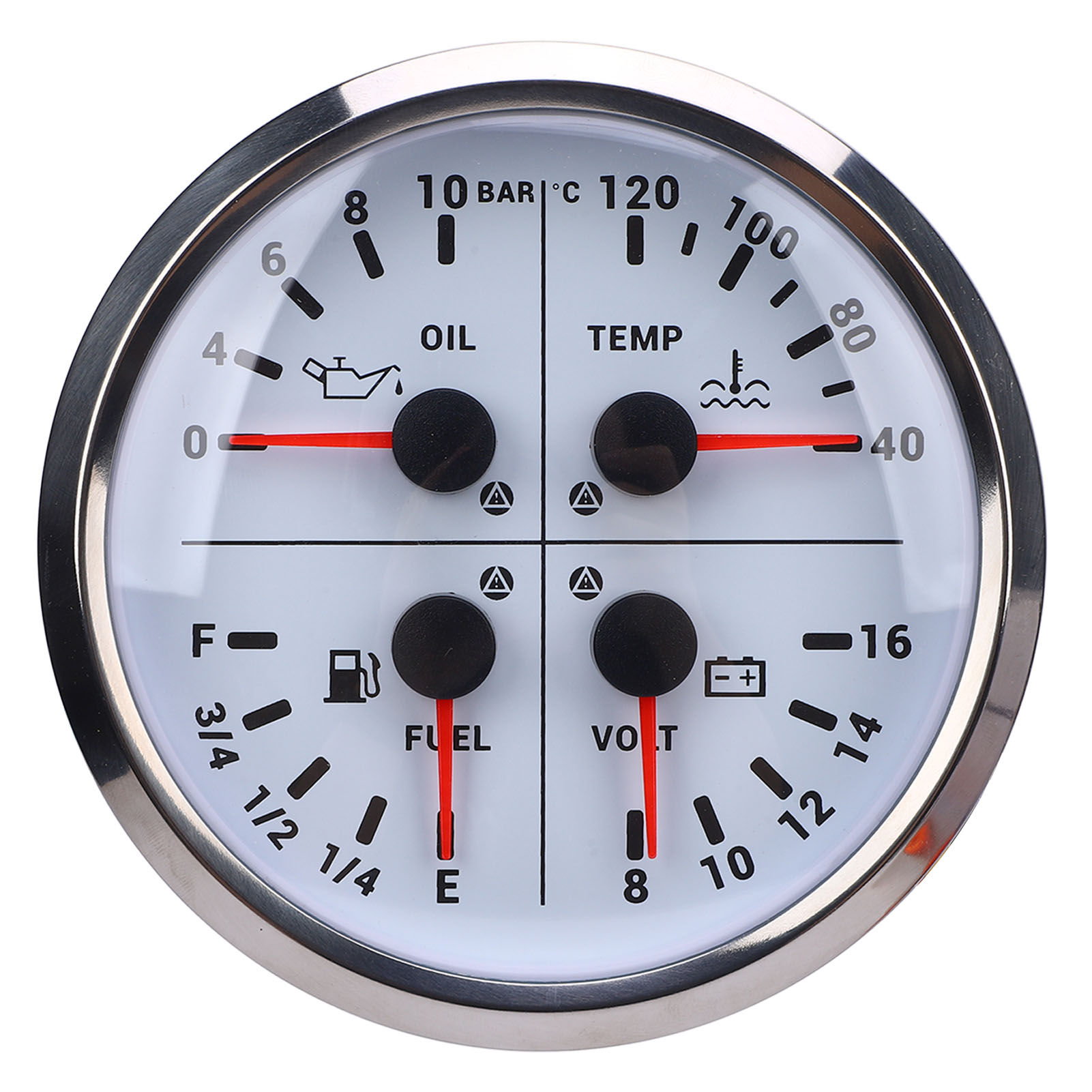 4-in-1-kraftstoffanzeige, Öldruckanzeige, Wassertemperaturanzeige, Voltmeter, 3/8 Zoll E 1/4 1/2 3/4 F 0 Bis 10 Bar 40 120 ℃ 8 16 V Für Wohnmobile, Yachten, Lkws, Weißes Zifferblatt, Silberne Lünette
