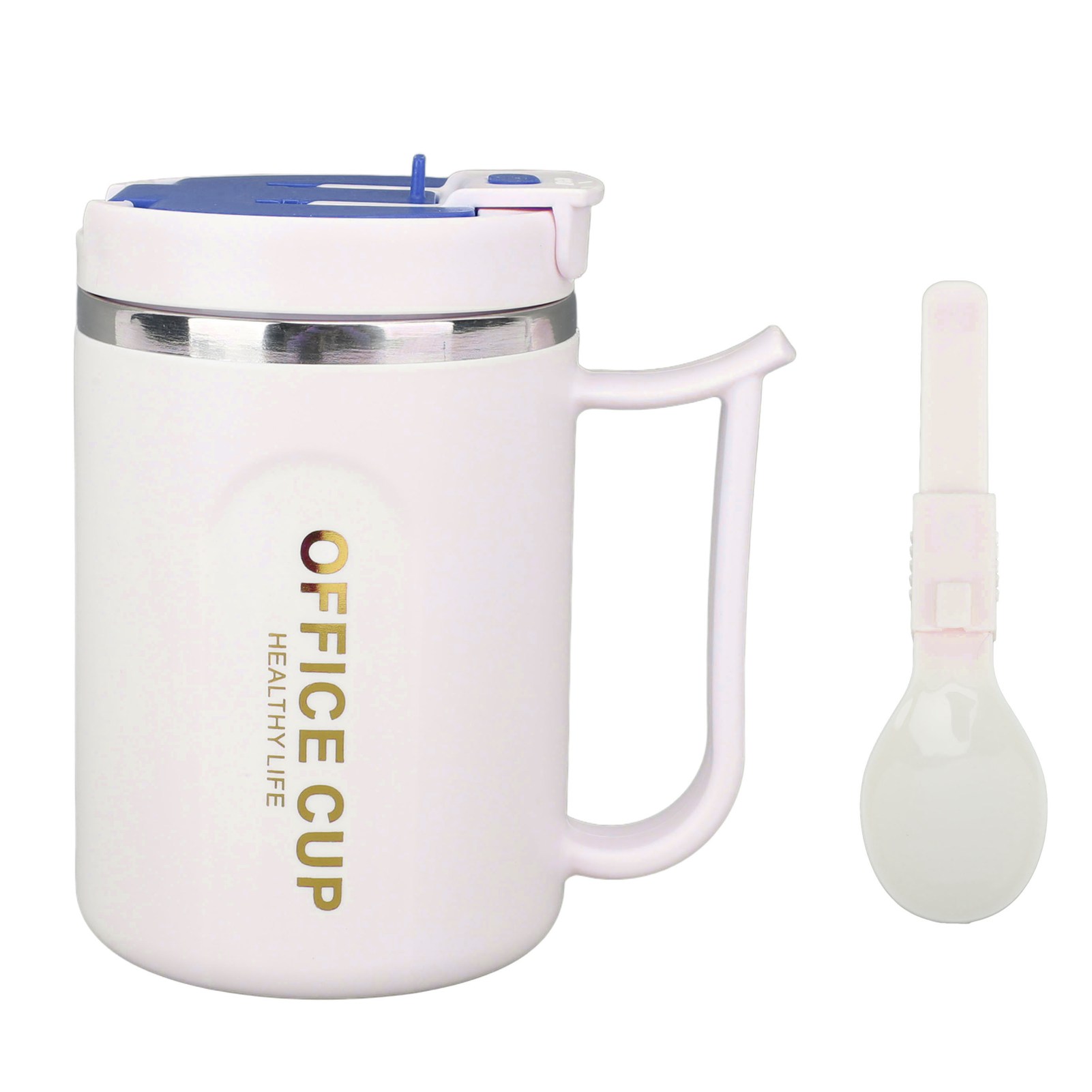 Doppelwandiger, Isolierter Kaffeebecher Aus Hitzebeständigem Edelstahl 304, Mit Henkel, Deckel Und Löffel, Blau.