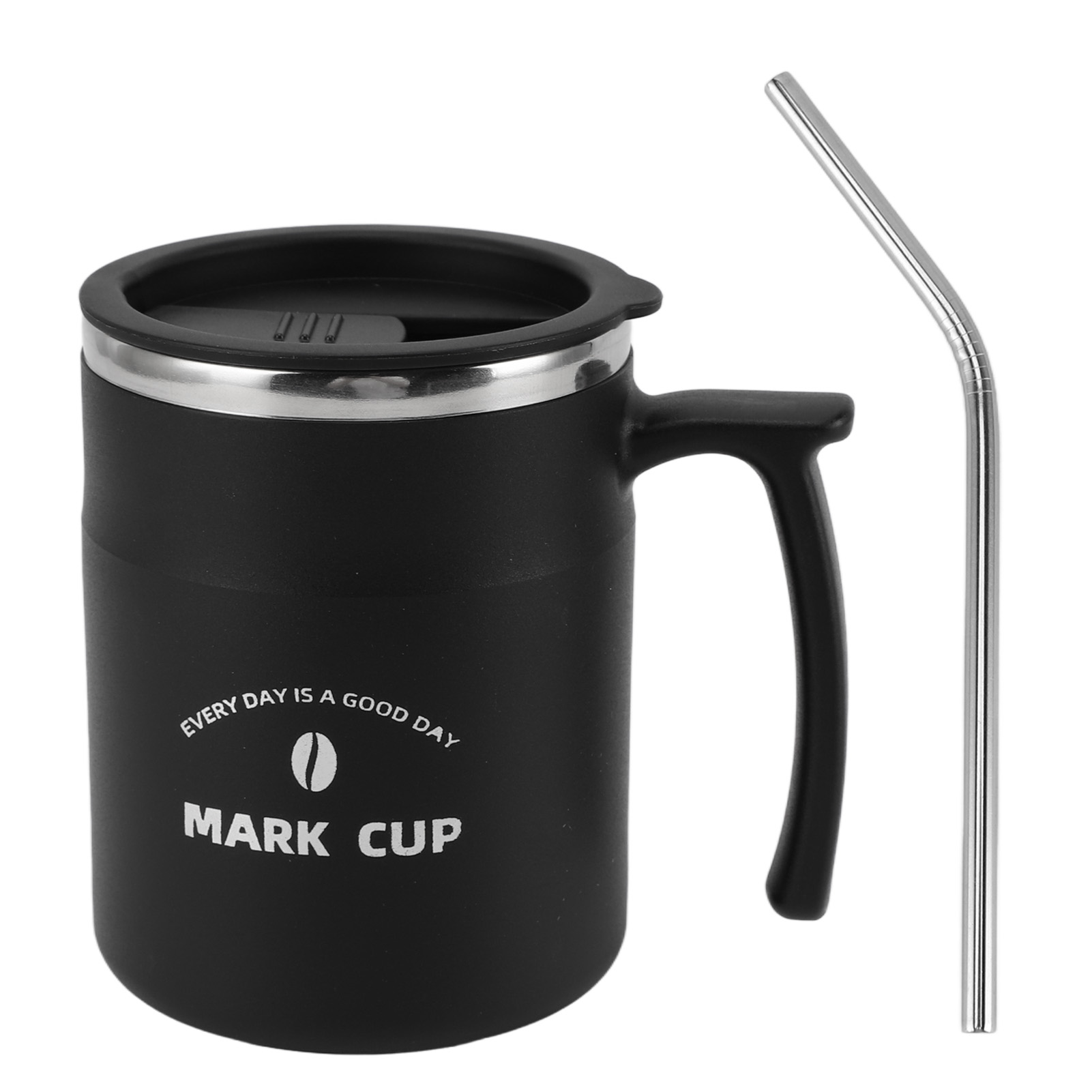 Großer, Auslaufsicherer Edelstahl-kaffeebecher, Zwei Wasserflaschen Mit Deckel Und Strohhalm Für Büro, Reisen Und Zuhause, Farbe: Schwarz.