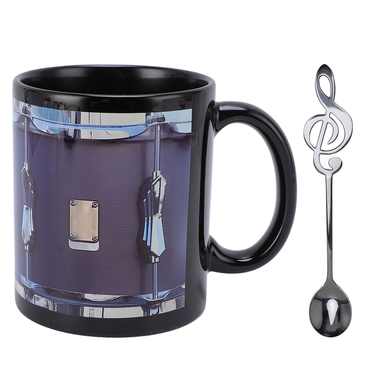 Vintage Schwarzer Becher Mit Witzigem Trommelmotiv, 325 Ml Kaffeetasse Aus Keramik Und Edelstahl Mit Löffel Für Heiße Und Kalte Getränke.