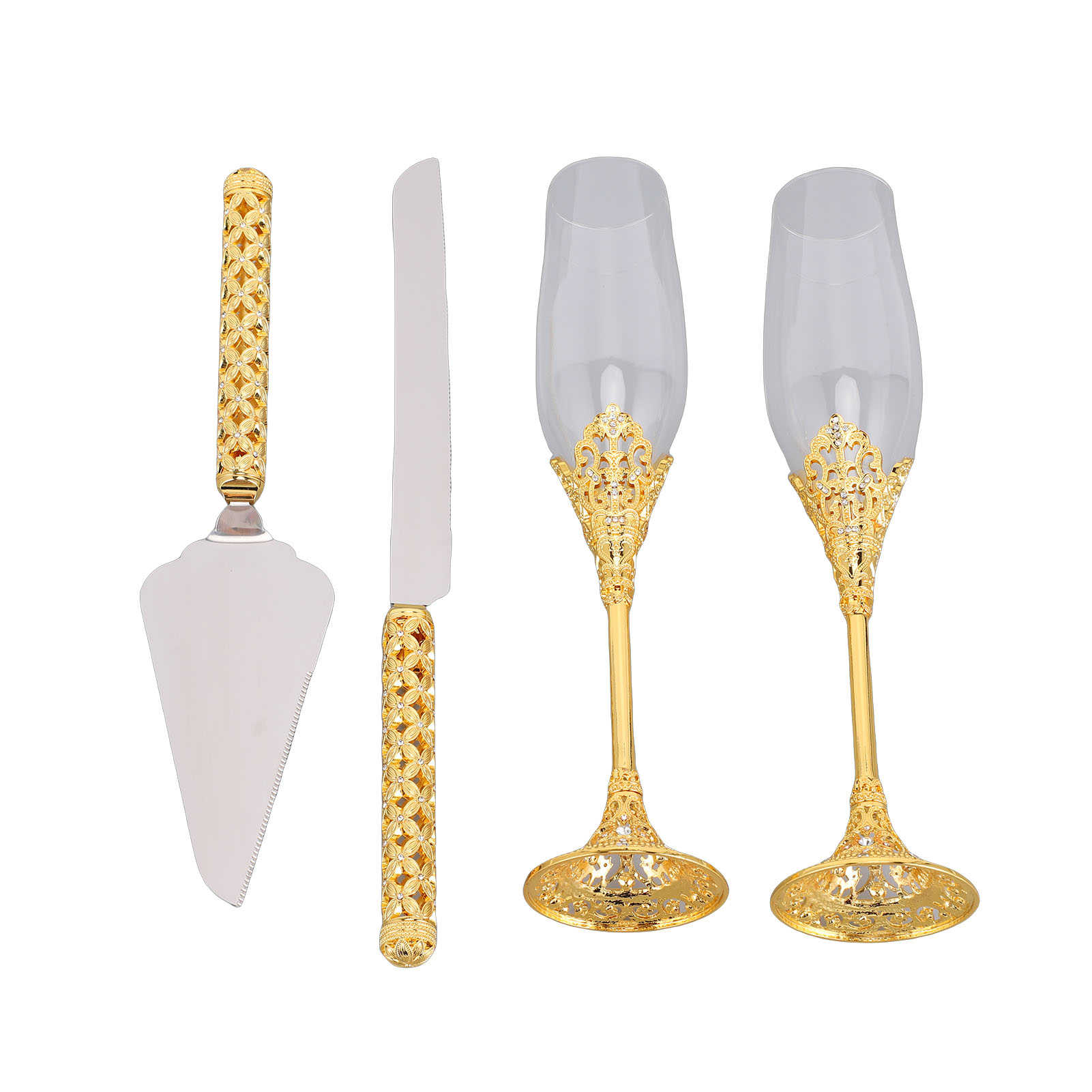 Champagnerglas- Und Tortenheber-set Für Hochzeiten, Empfangsartikel, Champagnerflöten Mit Goldenen Strasssteinen Verziert