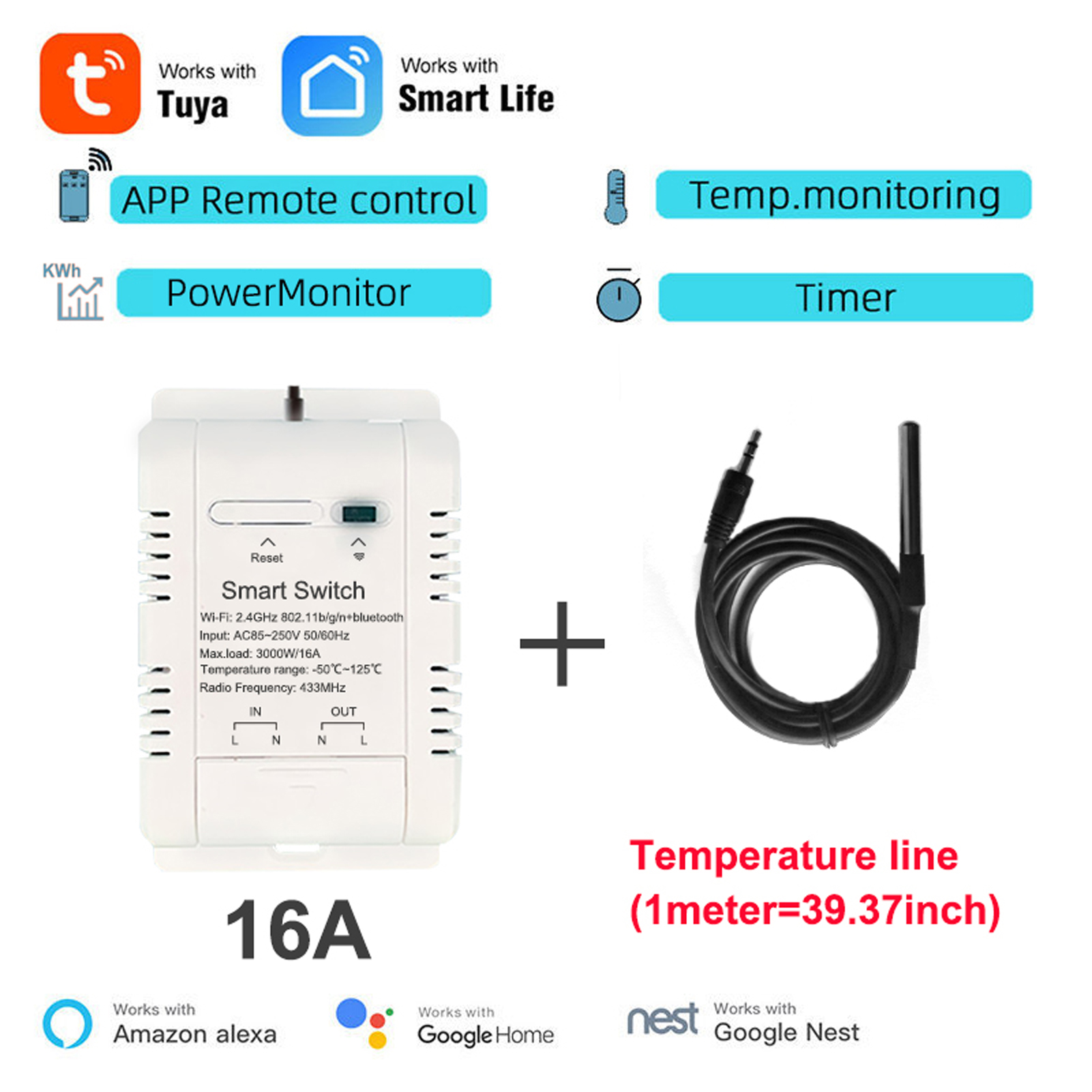 Tuya Wifi Automatischer Smart-schalter Mit Mobiler App, Echtzeit-temperaturmessung Und Energieverbrauchsstatistikfunktion (tag, Monat Und Jahr).