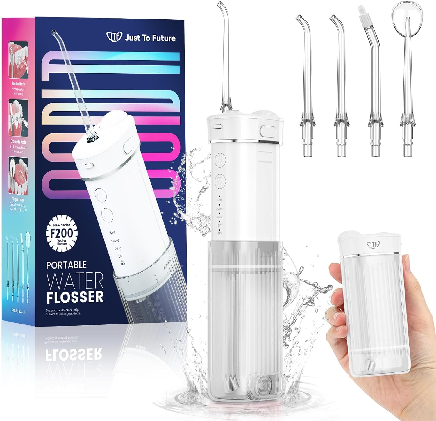 Jtf Munddusche Mini, Tragbar Elektrische Zahnreinigung Kabellos, Reise Zahnzwischenraumreiniger Mit 5 Ersatzdüsen, 4 Modi Water Flosser, 230ml Versenkbarer Wassertank, Ipx7 Wasserdicht (weiß)