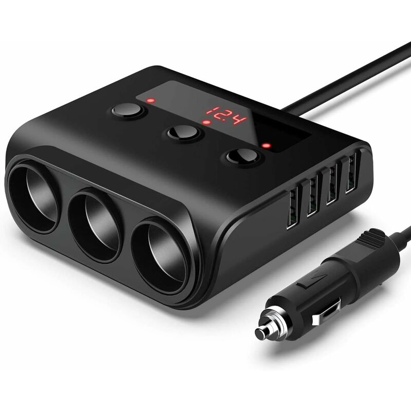 100-w-/12-v-/24-v-kfz-zigarettenanzünderbuchse Mit 3 Anschlüssen + 4 Usb-ladeanschlüssen, Ladegerät Mit Led-voltmeter Und Schalter
