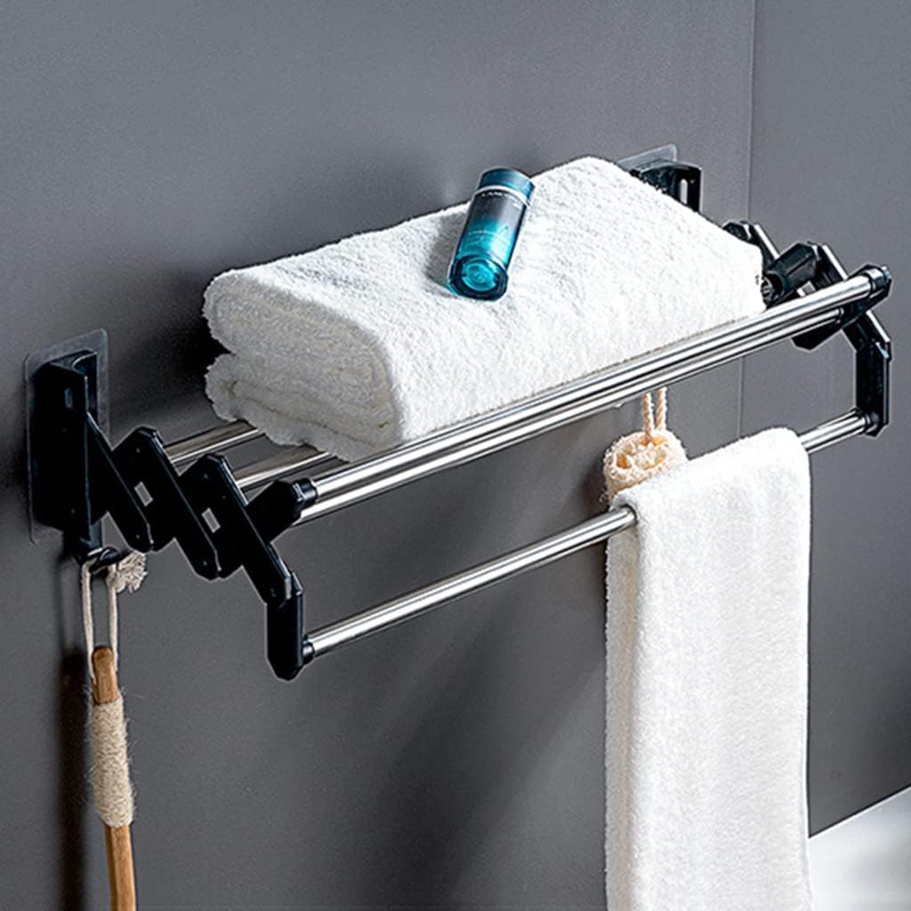 Ausziehbarer, Wandmontierter Handtuchhalter 40 Cm – Rostfreier Edelstahl – Selbstklebende Oder Wandmontage – 2 Zusätzliche Haken