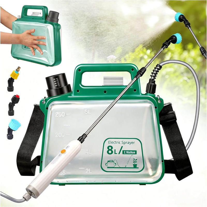 Elektrisches Sprühgerät (8 Liter) Mit Wasserdichtem Griff, 2500-mah-lithium-akku, 3 Düsen Und Teleskoplanze, Grüner, Faltbarer Tank – Für Pflanzenschutzmittel Und Flüssigdünger