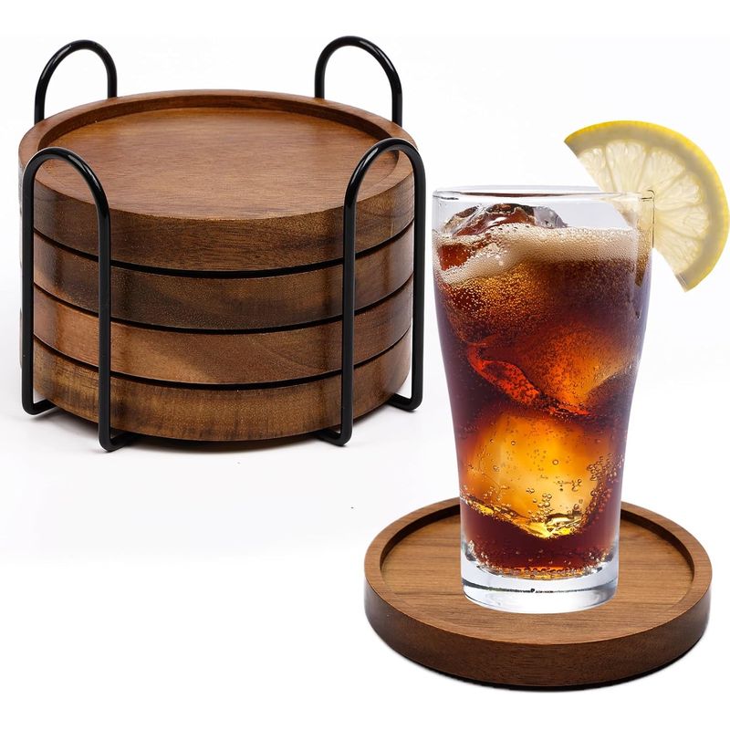Braune Holzuntersetzer Mit Halterung Für Den Couchtisch, Saugfähige Untersetzer Zum Schutz Der Tischplatte, 4er-set