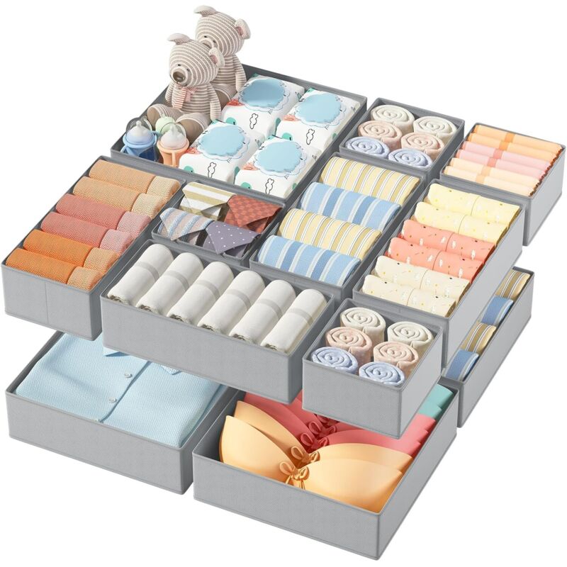 Set Mit 12 Aufbewahrungsboxen Aus Vliesstoff, Faltbar Und Atmungsaktiv, Ideal Für Bhs Und Unterwäsche, Klassisches Grau