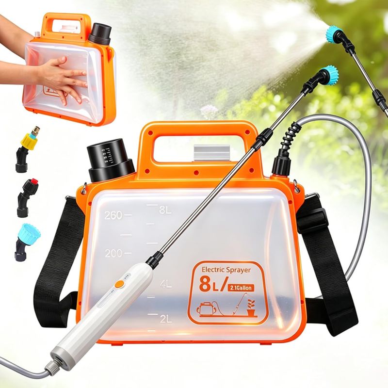 Elektrisches Sprühgerät (8 Liter) Mit Wasserdichtem Griff, 2500-mah-lithium-akku, 3 Düsen Und Teleskoplanze, Orangefarbenem Falttank – Pflanzenschutzmittel Und Flüssigdünger