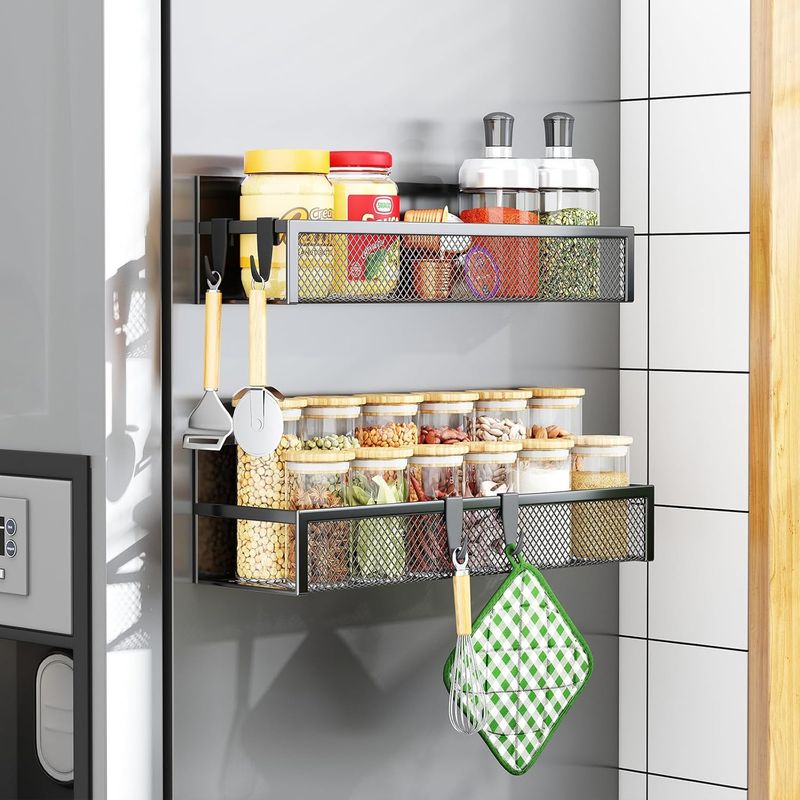 Magnetisches Gewürzregal Für Den Kühlschrank - Set Mit 2 Magnetischen Ablagen, Kühlschrank-organizer Mit 4 Abnehmbaren Haken, Magnetisches Regal Für Die Aufbewahrung Und Organisation In Der Küche (2er