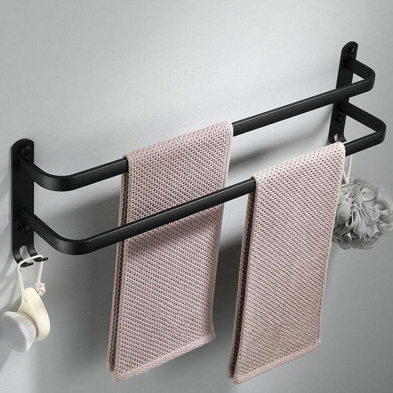 Gabrielle Wandmontierter Handtuchhalter Aus Aluminium – 2 Ebenen – Mit Haken – 50 Cm – Wasserfest – Schwarz – Für Bad, Küche, Dusche