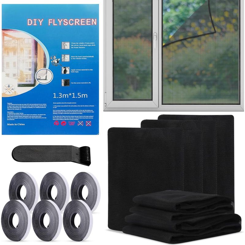 6-teiliges Fenster-moskitonetz, 130 X 150 Cm Fenster-moskitonetz Mit Selbstklebenden Streifenrollen, Selbstklebendes Fenster-moskitonetz, Fliegen- Und Mückenschutz (schwarz)