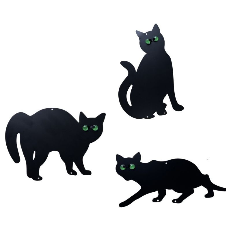 Set Mit 3 Vogelscheuchenden Katzen, Die Unerwünschte Gartengäste Vertreiben, Aus Schwarz Lackiertem Metall, Mit Funkelnden Perlenförmigen Augen