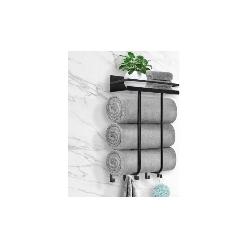 Wandmontierter Handtuchhalter Mit Metallablage Und 5 Haken (geeignet Für Kleine Badezimmer), Handtuchhalter Für Badezimmer, Aufbewahrung Für Badetücher Und Rollenhalter, Schwarz