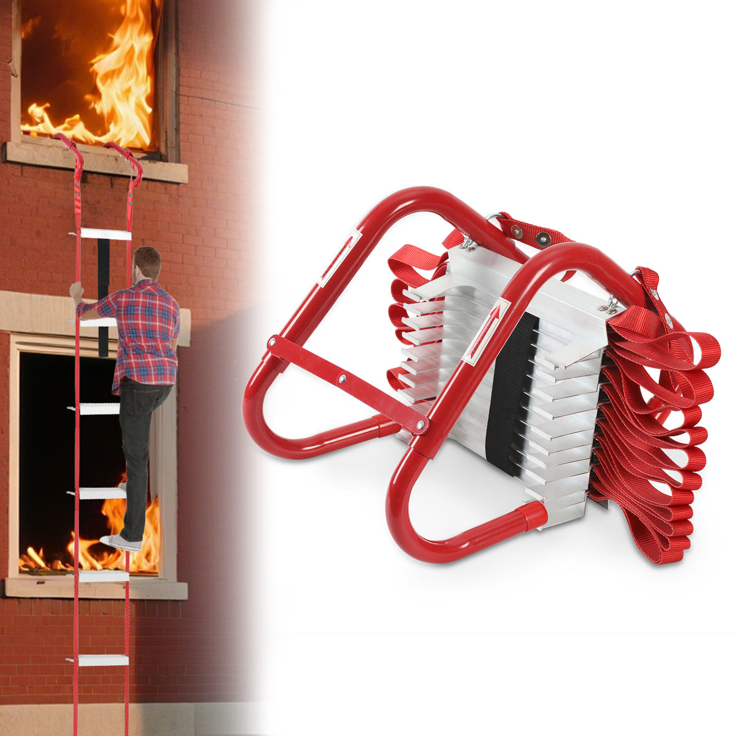 Jiubiaz Feuerleiter Aluminium-legierung Ausklappbare Rettungsleiter Strickleiter Mit Karabiner, Bis 4,5m, Tragfähigkeit 450kg Rot
