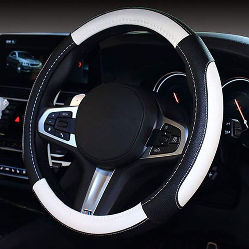 Leder-lenkradbezug, Universeller 38-cm-lenkradbezug, Gewölbter Sportwagen-lenkradschutz (schwarz-weiß)