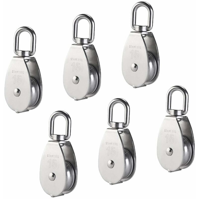 M15 304 Edelstahl-einzelrolle, 15 Mm Einzelrollenblock, Kran-drehhaken, Glattes Drahtseil, Tragkraft 77 Lbs/35 Kg (6 Stück)