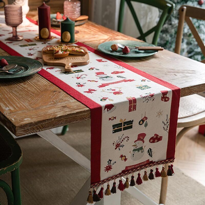 Weihnachtstischläufer, 178 Cm Lang, Rot-weißer Weihnachtstischläufer Mit Quasten, Schneemann-rentier-esstisch-schal Für Esszimmer-weihnachtsdekoration (35,5 X 178 Cm)