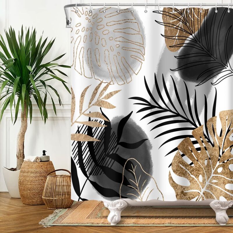 180 X 180 Cm Duschvorhang-set Mit Abstrakten Pflanzenblättern, Schwarz-goldener Monstera-blatt-badezimmervorhang, Waschbare Duschvorhänge Mit Abstrakten Tropischen Pflanzenmotiven