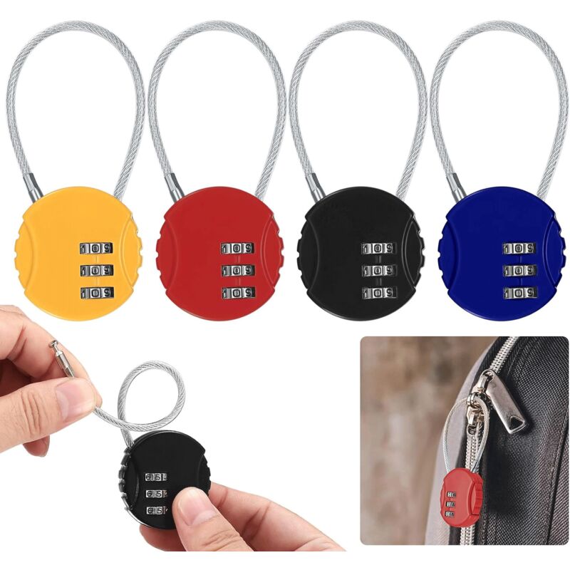 4-teiliges Zahlenschloss, Kleines Kabelschloss, 3-stelliges, Zurücksetzbares Sicherheitsschloss Für Koffer, Reisetaschen Und Schließfächer, Mit 4 X Codierern