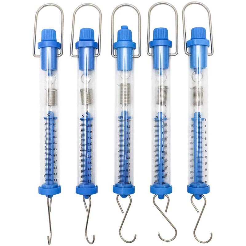 Fünf Transparente Zylindrische Federkraftmesser Für Physikversuche, 1 N, 5 N, 10 N, 20 N, 30 N