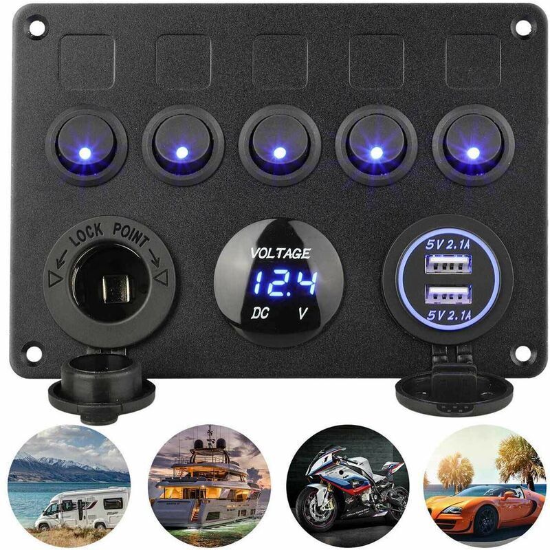 Wasserdichtes Schaltpanel Mit 5 Led-schaltern, Usb-anschlüssen, Digitalanzeige, 12v/24v Spannung, Für Auto, Boot, Lkw, Wohnmobil.