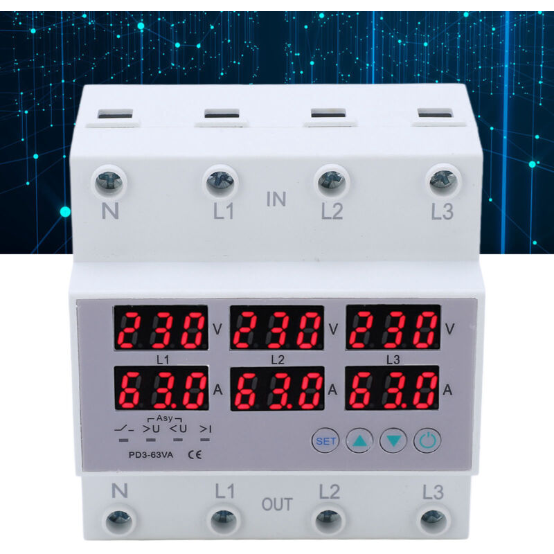 Dreiphasen-voltmeter Für Din-schiene 390–500 V – 40-a-amperemeter Mit Überspannungsschutz – Automatische Rückstellung – Digitalanzeige