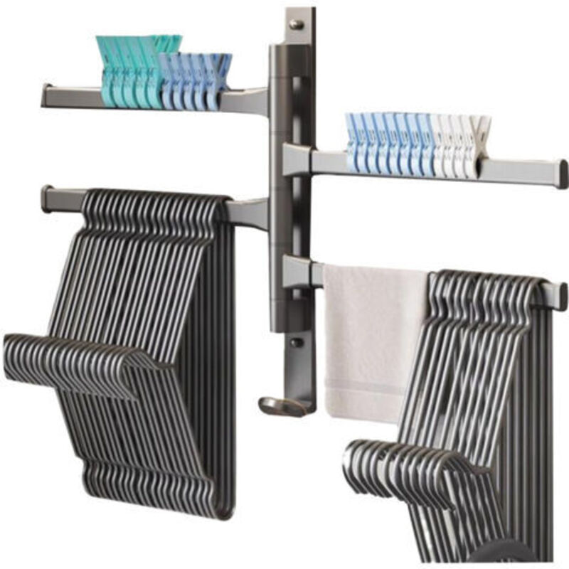 180° Drehbarer Handtuchhalter, 4-armig, Aluminiumlegierung, Mit Schwenkarm, Für Badezimmer, Mit Drehbarem Haken Und Wandaufbewahrung, Silbergrau