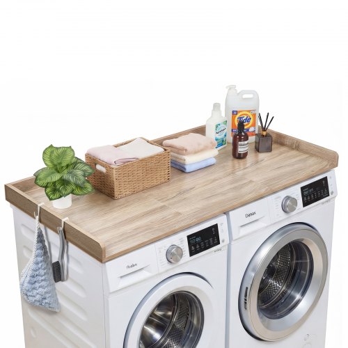 Arbeitsplatte Für Waschmaschine & Trockner (137 X 69,9 Cm) Mit Erhöhtem Rand & Haken, Zur Organisation Und Aufbewahrung Im Wäscheschrank Speisekammer Küchentheke, 113 Kg Belastbar, Eichenoptik