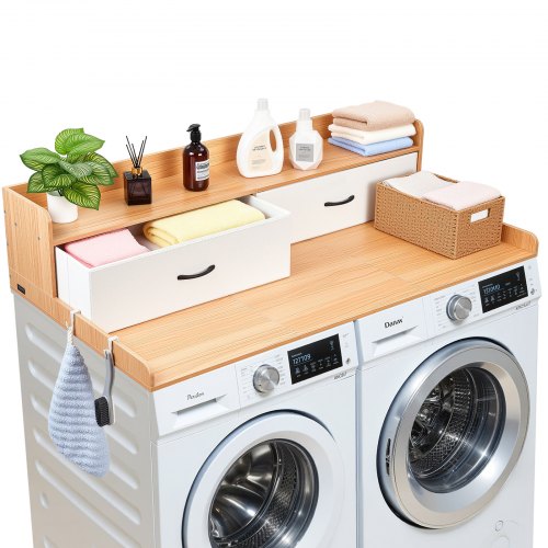 Arbeitsplatte Für Waschmaschine Und Trockner (137 X 69,9 Cm) Mit Ablage & 2 Schubladen & Haken, Geeignet Für Wäscheschrank Speisekammer Küchentheke, 113 Kg Belastbar, Natürlicher Holzton