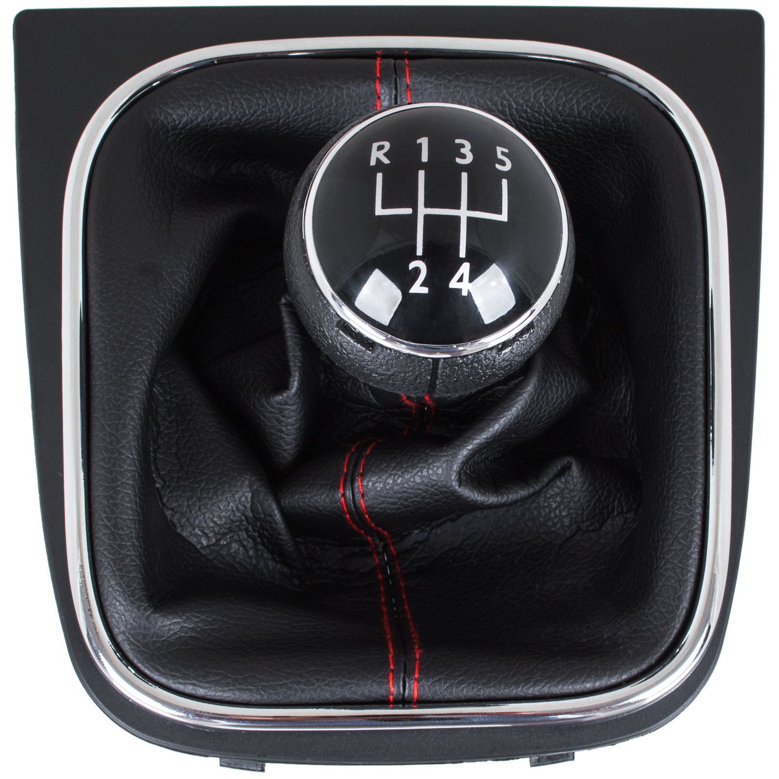 Vw Golf V 03-08 Schaltknauf + Schwarze Schaltmanschette Mit Rotem Faden Und Chromrahmen, 5-gang