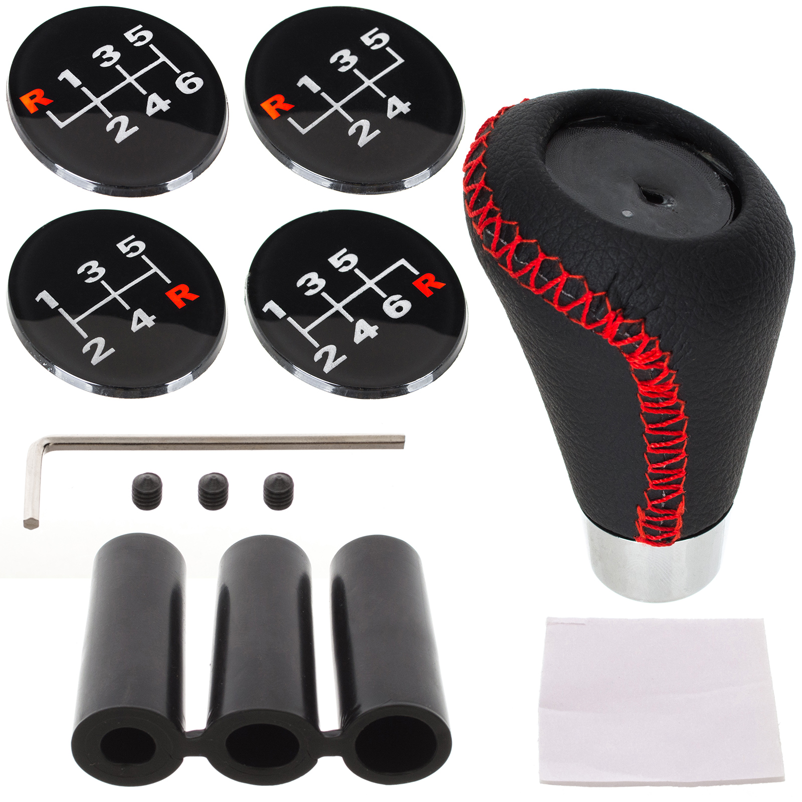Universeller Schaltknauf Aus Schwarzem Leder Mit Chromapplikationen, Roten Ziernähten Und Emblemen Für Den 5. Und 6. Gang (set)