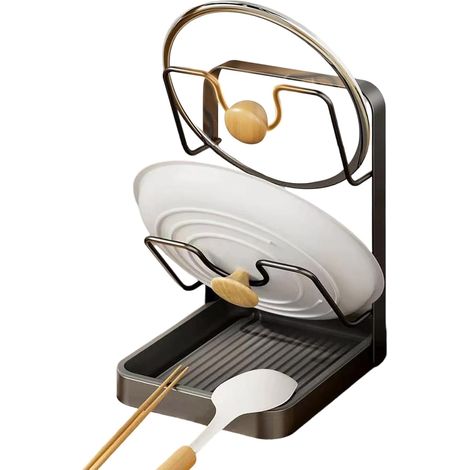 Topfdeckelhalter, Küchendeckelhalter, Topfdeckelorganizer Mit Löffelablage, Küchenlöffelhalter, Küchendeckelorganizer Mit Abtropfschale