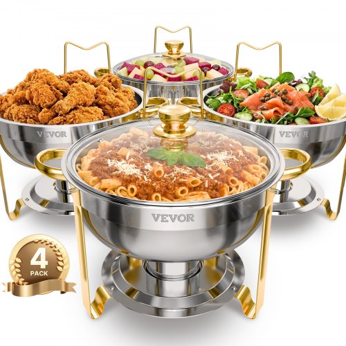 Chafing Dish Buffet Speisenwärmer Mit 4 Behältern In Voller Größe (4,7 L), Runder Catering-wärmespender Mit Glasdeckel & Wasserpfanne & Klappbarer Ständer, Für Hochzeiten Buffet Gold