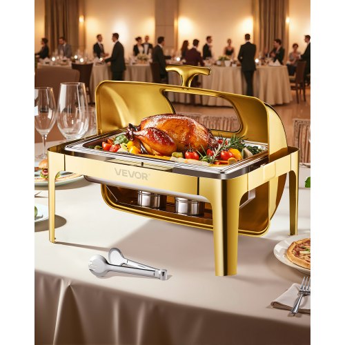 Chafing Dish Set Speisenwärmer Edelstahl Mit Pfannen In Voller Größe (8,5 L), Rechteckiger Wärmespender Mit Sichtbarem Deckel & Wasserpfannenständer & Brennstoffhalter, Für Partys Gold