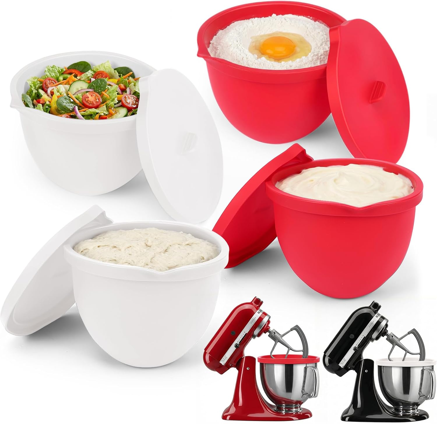 Ensemble De 4 Bols En Silicone Avec Couvercles Pour Robot Pâtissier Kitchenaid De 5 Litres À Tête Inclinable – 2 Rouges + 2 Blancs – Bols De Qualité Alimentaire Pour Mélanger, Conserver Et Nettoyer