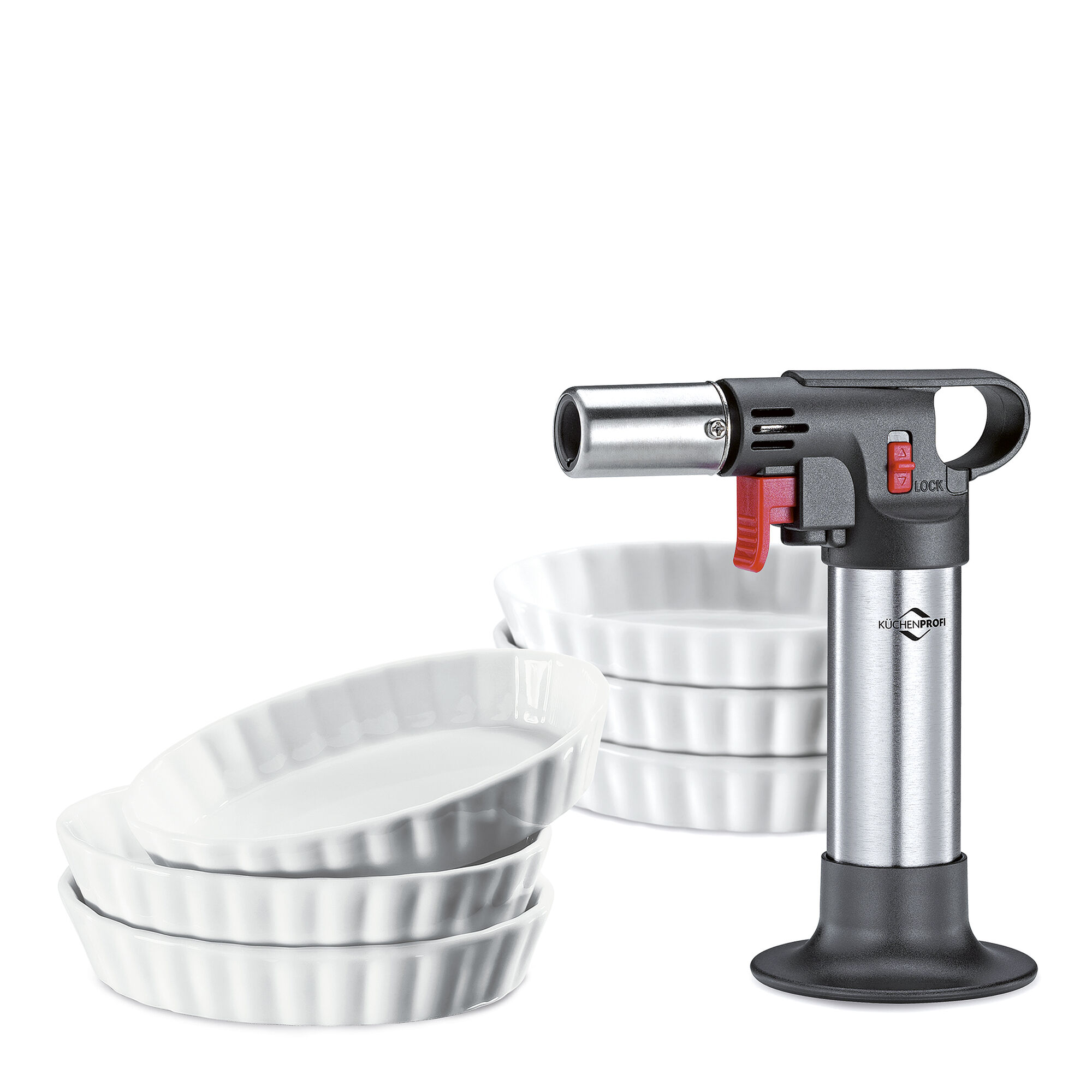 Kuchenprofi Deluxe Crème-brûlée-set, 7-teilig, Brenner + 6 Porzellanschalen