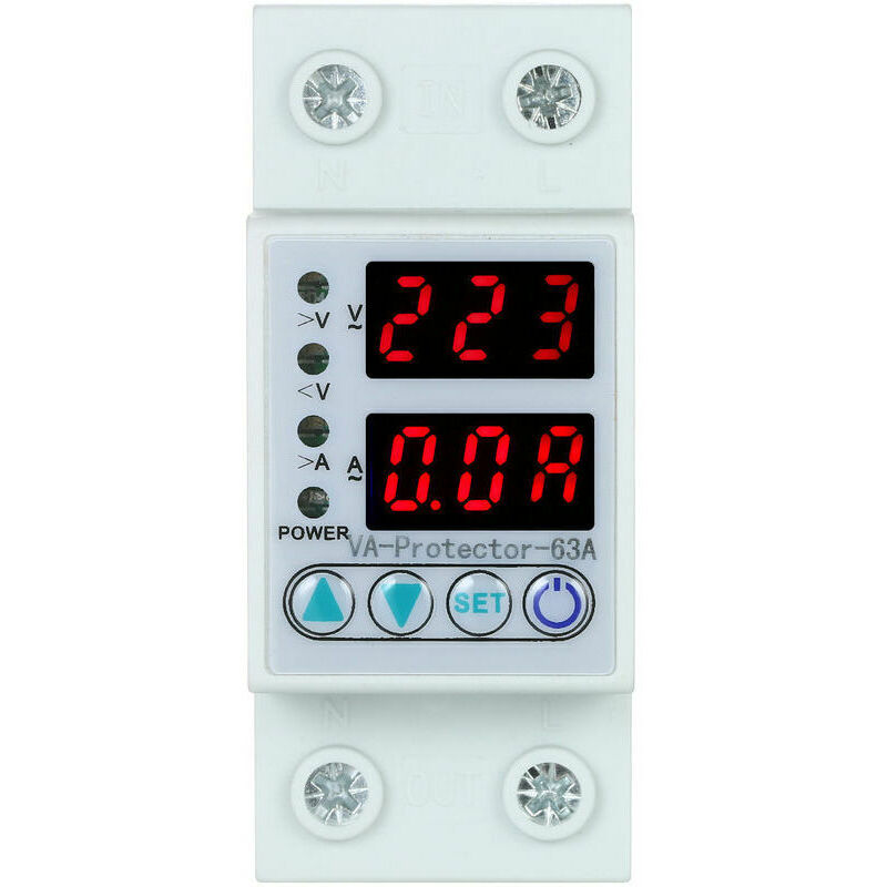 63a 220v Din-schienen-einstellbares Überspannungs- Und Unterspannungsschutzgerät Mit Schutzrelais Und Überstromschutz Für Den Hausgebrauch Mit Zwei Weißen Led-anzeigen