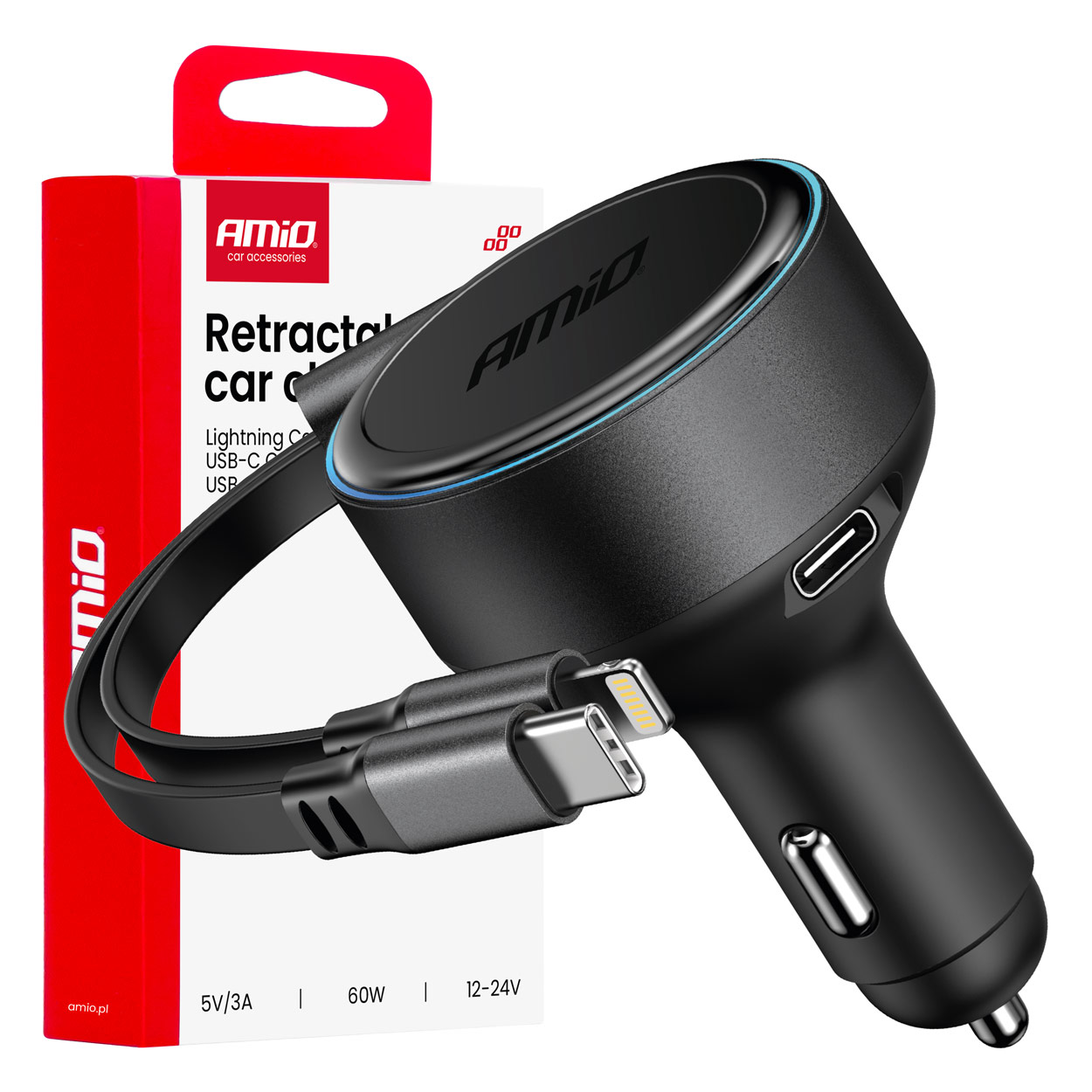 Kfz-ladegerät Mit Einziehbarem Kabel, Typ C + Lightning Iphone + Usb-c 12v 24v 60w Amio-04370