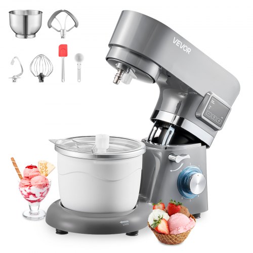 Eismaschine Eiscrememaschine 1,7 L Standmixer 6-gang Mit Led-digitalanzeige & Timer & Rührpaddel & Knethaken & Spritzschutz, Für Diy Gefrorener Joghurt, Frucht-gelato Sorbet Grau 1400 W