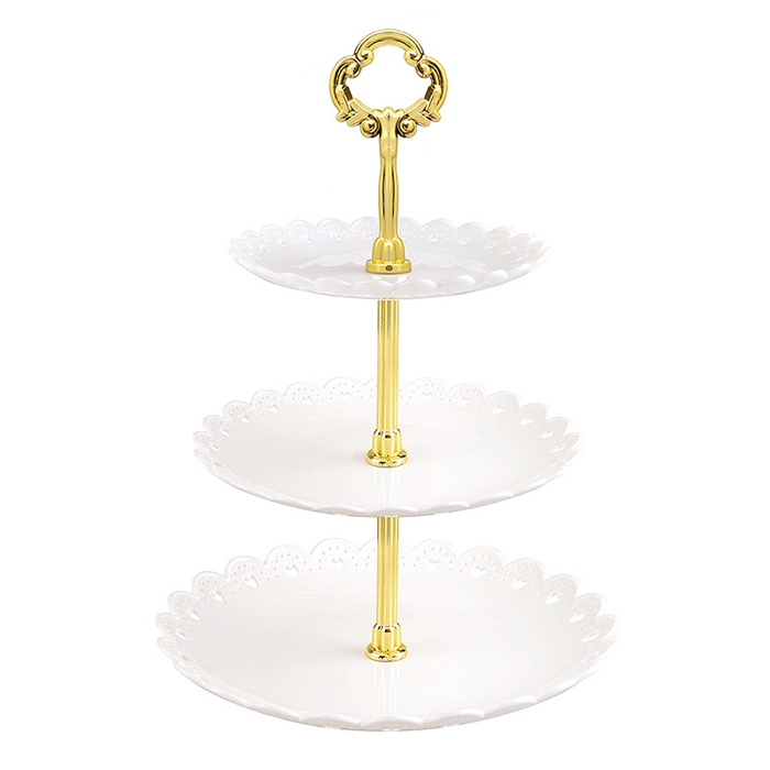 Weißer, Dreistöckiger Tortenständer Mit Goldenem Griff Für Kuchen Und Desserts, Kunststoff