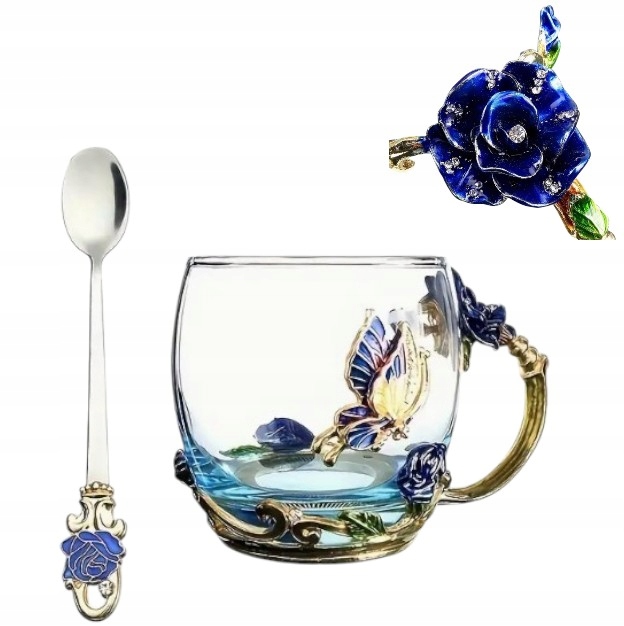 Elegante Tasse Für Tee Oder Kaffee Mit Löffel, Blau-rosafarbener Glasbecher