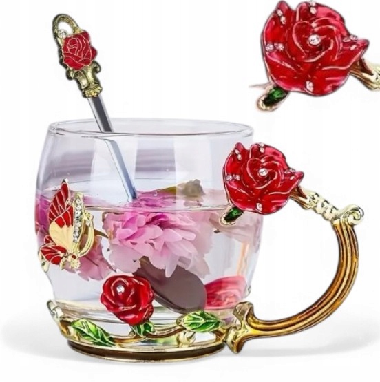 Elegante Tasse Für Tee Oder Kaffee Mit Löffel, Roter Rosenglasbecher