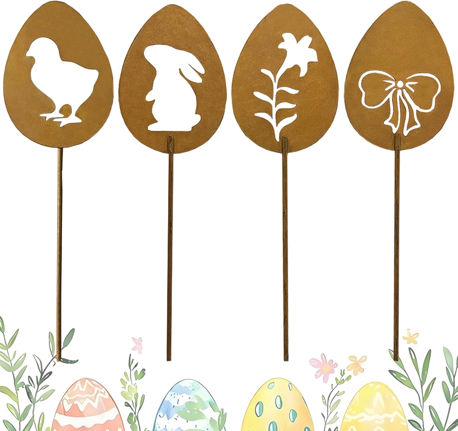 4 Easter Rabbit Garden Stake Rust, Garden Decoration Rust Metal Rabbit, Easter Decoration For Outdoor, Flower Stake Easter Decoration, Flower Stake Easter For Easter And Spring Garden