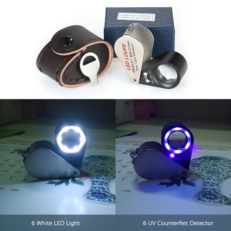 30-fache Multifunktionale Led-juwelierlupe, Tragbares Taschenformat, 21 Mm, 6-fache Vergrößerung, Integrierte 6 Kreisförmige Leuchten, Uv-fälschungsdetektor