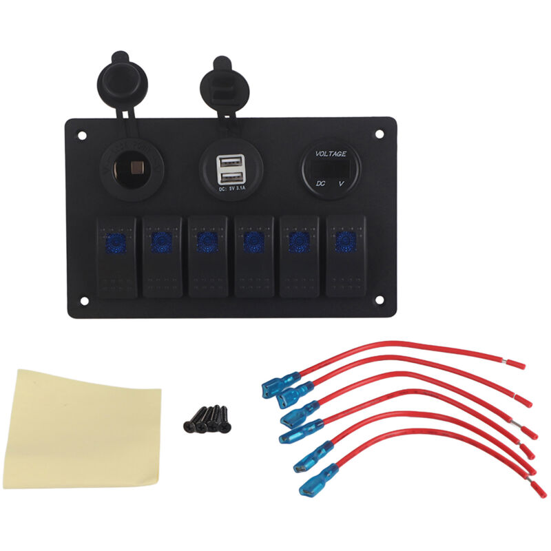 12v 24v 6-fach Auto-boot Led-wippschalterpanel Mit Dual-usb-anschluss, Voltmeter, Zigarettenanzünder, Blau
