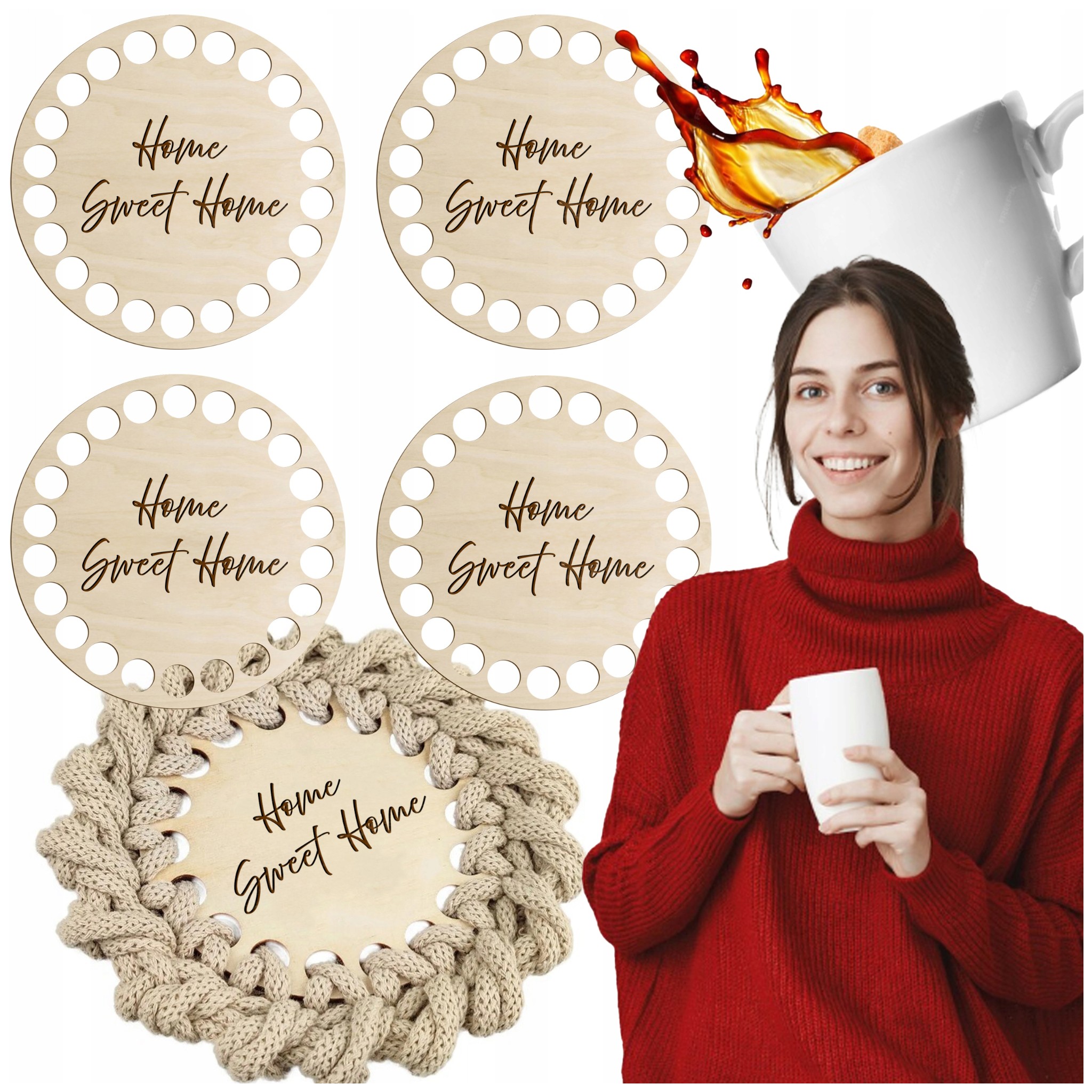 4 Gehäkelte Kaffeematten Mit Holzsockel Und Der Aufschrift „home Sweet Home