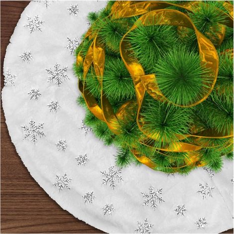 90 Cm Große Weihnachtsbaumdecke, Doppellagige Weiße Plüschdecke Mit Silbernen Schneeflocken, Zur Weihnachtsdekoration