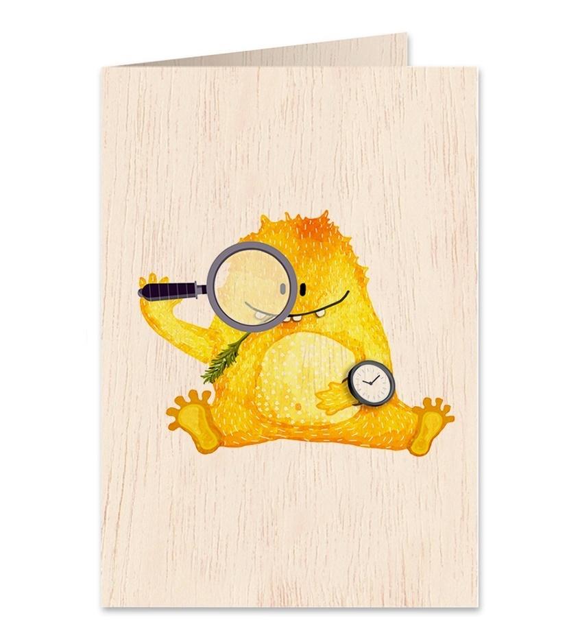 Holzkarte C6 + Umschlag Teddybär Mit Lupe