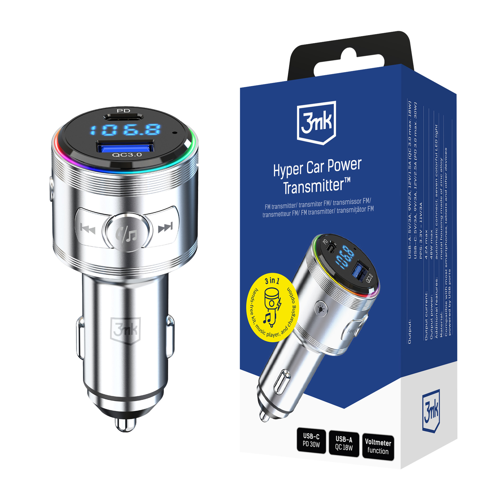 Zubehör – 3mk Hyper Car Power Transmitter 48w Qc Pd Pps Usb 1c1a Silber
